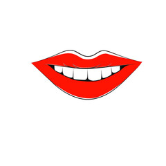 Woman's mouth smiling, intense red lips.