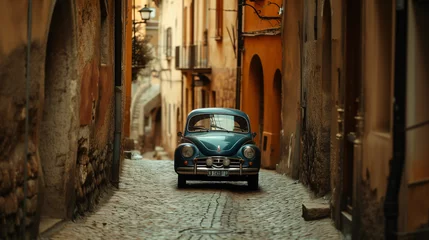 Schilderijen op glas A compact city car navigating through narrow historic streets in Europe. © Lans