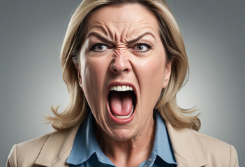 Angry mature american woman screaming. at you. Generative AI