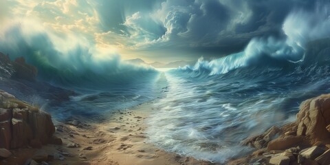Ocean Separate up to form canal. Bible Miracle - obrazy, fototapety, plakaty