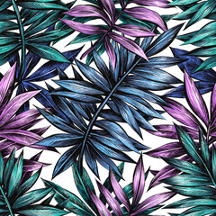 Seamless floral pattern of tropical leaves. Botanical wallpaper illustration in Hawaiian style	