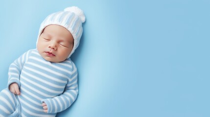 new born baby in baby clothes, happy, smiling,blue background, copy space, 16:9
