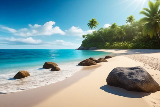 Tropical natural ocean coastline landscape with stone on sandy beach, amazing tropic scenery. Fantastic image sea for vacation design. Concept of summer vacation and travel holiday. Copy ad text space