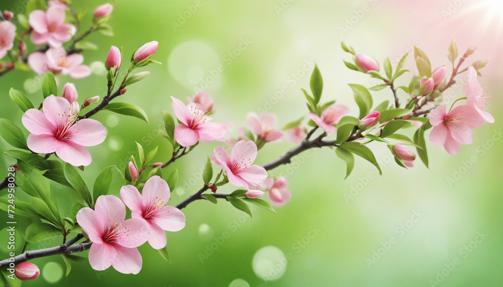 Poster spring-themed background. green season with nature accent. blossoming background with pink flowers a