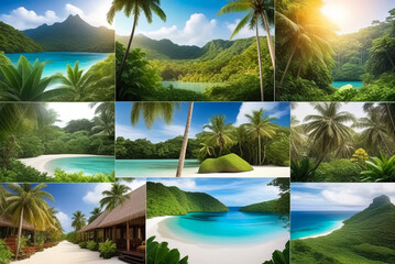 Collage of tropical landscape image with SUMMER VACATION, amazing tropic scenery. Set of tropic collection photo for banner or poster. Concept of summer vacation, travel holiday. Copy text space