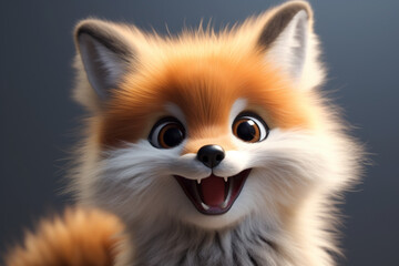 Adorable 3D cartoon red fox close-up portrait on a gray background.