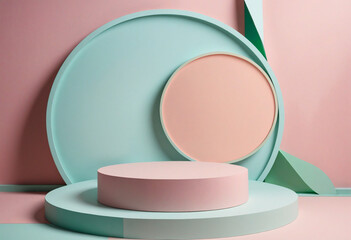 Blank green round geometric shape podium platform on paper cut abstract minimal geometric shape pastel pink, green, light blue background. Top view mock up for product display