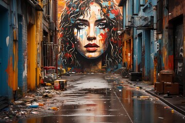 Urban fashionista in a city alley adorned with vibrant street art and graffiti
