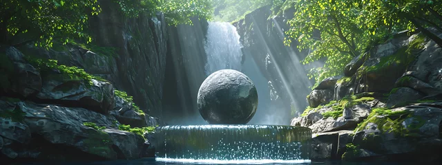 Crédence de cuisine en verre imprimé Gris 2 the stone sphere in the middle of a waterfall in the 
