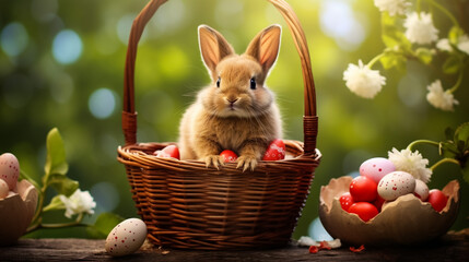 Easter bunny and colorful eggs in a nest of flowers on a green background. High quality photo