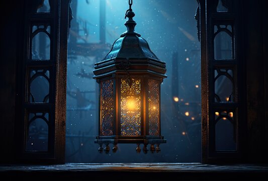 The glow of a Ramadan lamp juxtaposed against the night window shell, providing room for text or imagery.