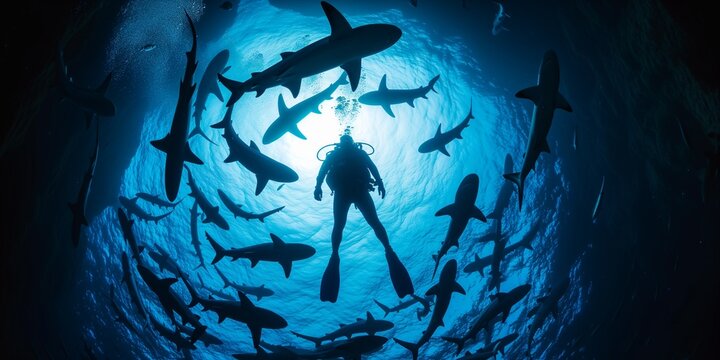 Underwater View of a scuba diver with sharks