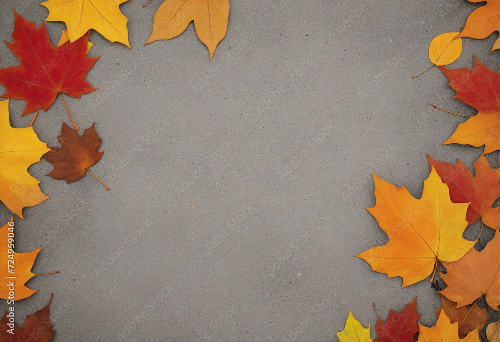 Poster abstract autumn background with fall leaves. multicolored maple leaves lie on street. top view