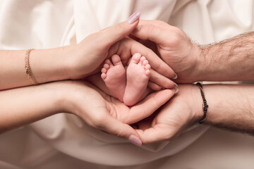 Children's feet in the arms of their parents. On a white background.