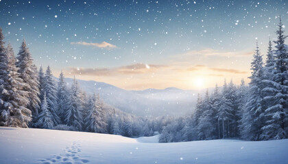 Winter landscape with falling snowflakes. Snowy background with copy space