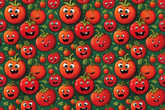 Seamless pattern of cheerful cartoon tomatoes with smiling faces on a green background