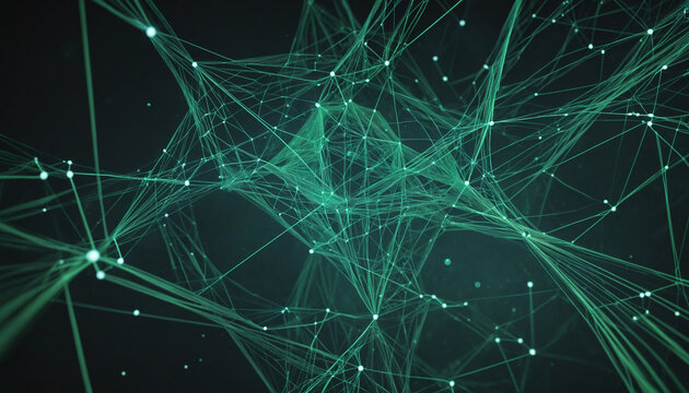 Abstract blue green technology background with a cyber network grid and connected particles. Artificial neurons, global data connections - Generative AI - Powered by Adobe