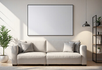 Empty canvas above comfortable sofa with pillows. Poster mockup. Interior design of stylish living room. Generative AI