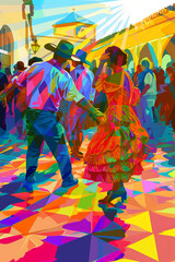 Obraz premium Generative AI illustration of people dancing sevillanas