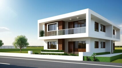 3d house model rendering on white background, Clean and precise 3D illustration modern cozy house. Concept for real estate or property.