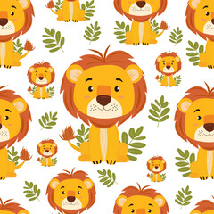 Seamless childish lion pattern on isolated background. Cartoon vector character. For children's wallpaper, wrapping paper, children's books.