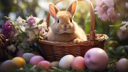 Fototapeta na wymiar Abstract Defocused Easter Scene - Ears Bunny Behind Grass And Decorated Eggs In Flowery Field