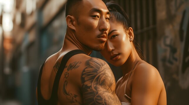Tattooed Asian man posing with his girlfriend