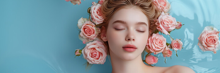 Woman with closed eyes surrounded by pink roses in a blue water background. Beauty portrait with floral arrangement. Spring beauty and nature concept. Design for cosmetics, spa, beauty salon.