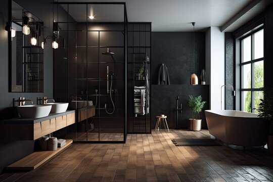 In a bathroom with black walls, a wooden floor, and a carpet, there is a double sink and a shower stall. a mockup