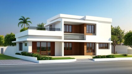 Fototapeta premium Modern house, white building, residential architecture, 2-story home, suburban landscape