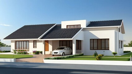 3d house model rendering on white background, Clean and precise 3D illustration modern cozy house. Concept for real estate or property.