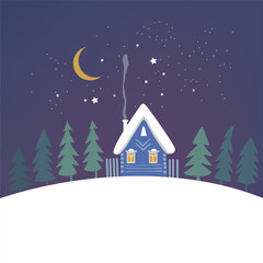 Fototapeta na wymiar Winter night scene with house, fir trees and moon. Cottage on snowy hills. Merry Christmas. 