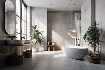 Bathroom corner with a concrete floor and a large gray wall. The bathtub is white. A rug covering the floor and two sinks. a mockup