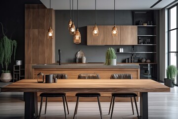 A modern kitchen's interior features an empty wooden table