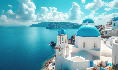 View of Oia at sunset, a small town with whitewashed houses on Santorini Island, Cyclades islands archipelagos, Aegean Sea, Greece. - obrazy, fototapety, plakaty