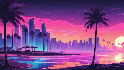 Synthwave style landscape with beach and palm trees and silhouette of building and modern city in background