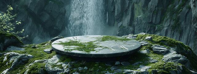 waterfall and moss background with a circular table i
