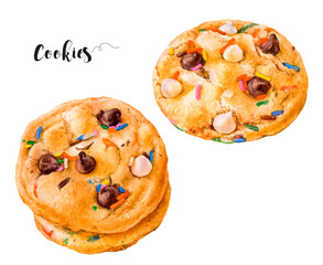 Watercolor illustration of cookies dessert close up. Design template for packaging, menu, postcards.