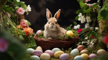 Floral Fantasy: Easter Bunny Amidst Vibrant Blooms, Nestling a Bounty of Hand-Painted Eggs in a Garden of Pastel Dreams.