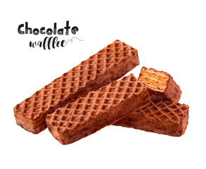 Watercolor illustration of chocolate waffles dessert close up. Design template for packaging, menu, postcards.