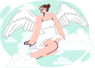 Woman with angel wings sits on clouds and looks to side, demonstrating serenity and peacefulness