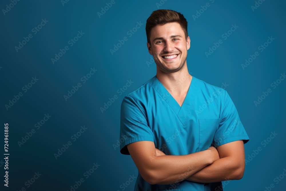 Wall mural Portrait of a smiling happy male medical doctor or nurse standing isolate on blue background, Medical concept.