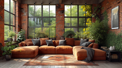 Living room interior in loft, industrial style, 3d render, Generative Ai.