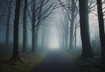 Obraz premium Mystical forest landscape with trees silhouettes in dark. Path in magical dreamy forest. Created with Generative AI