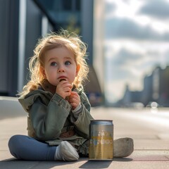 A young girl with a curious expression sits on the ground outdoors, her tiny hand gripping a discarded can as she explores the world around her in her simple clothing
