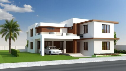 Obraz premium 3d house model rendering on white background, Clean and precise 3D illustration modern cozy house. Concept for real estate or property.
