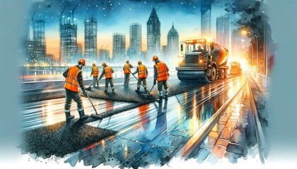 The image depicts road workers paving a street at sunset in a city.