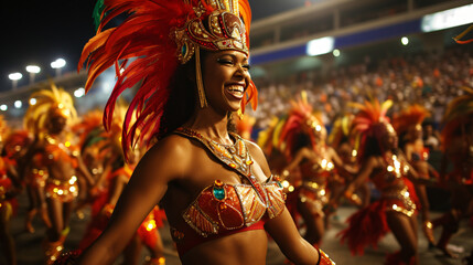 A festive Brazilian Carnival parade with dazzling costumes and samba dancers in Rio de Janeiro.