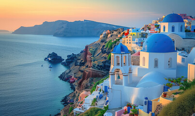 View of Oia at sunset, a small town with whitewashed houses on Santorini Island, Cyclades islands archipelagos, Aegean Sea, Greece. - obrazy, fototapety, plakaty