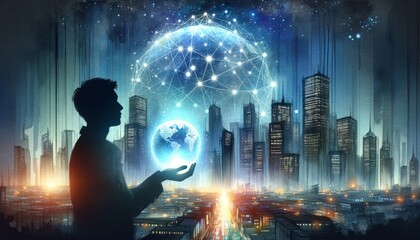 The image features a silhouette holding a glowing digital globe against a cityscape.